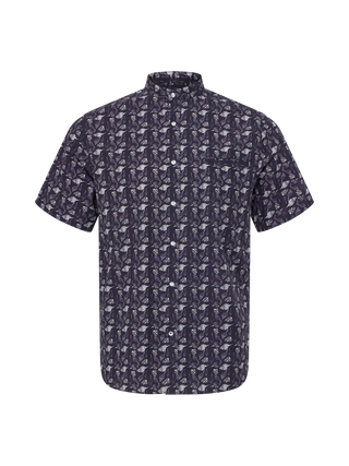 Mørkeblå kortærmet RedGreen herreskjorte med hvidt bladprint, knappestolpe og brystlomme