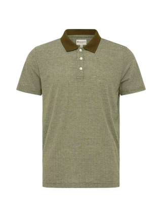 Olivengrøn kortærmet bomuldspolo med brun ribkrave og melange‐struktur fra Redgreen.