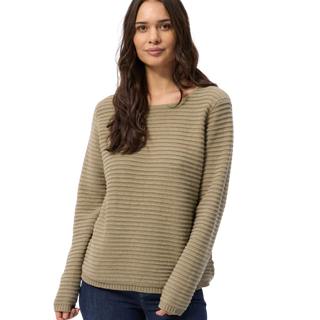 Dame striktrøje i ribstrikket khaki fra Redgreen – langærmet, rund hals og afslappet pasform. Blød og lun sweater til efterår og vinter, ideel til både arbejde og fritid.